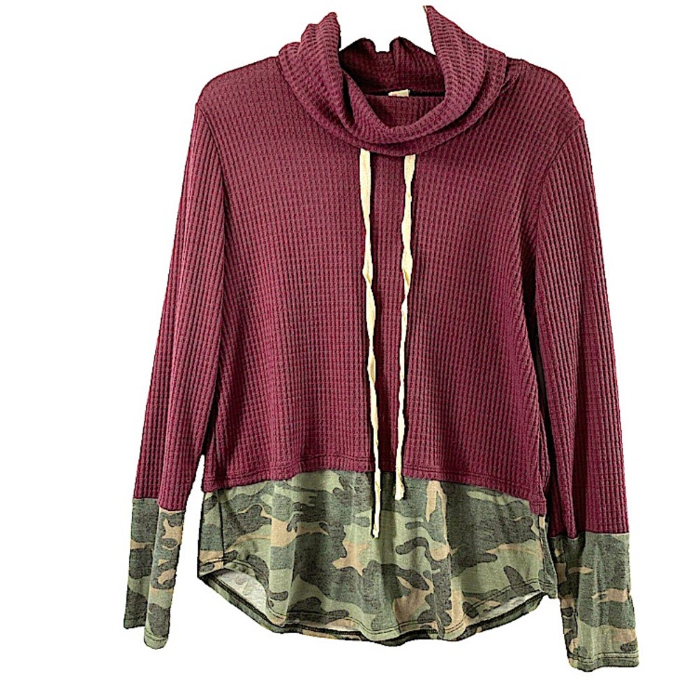 7th Roy Top Womens Large Waffle Knit Camo Pullover Casual Drawstring Collar